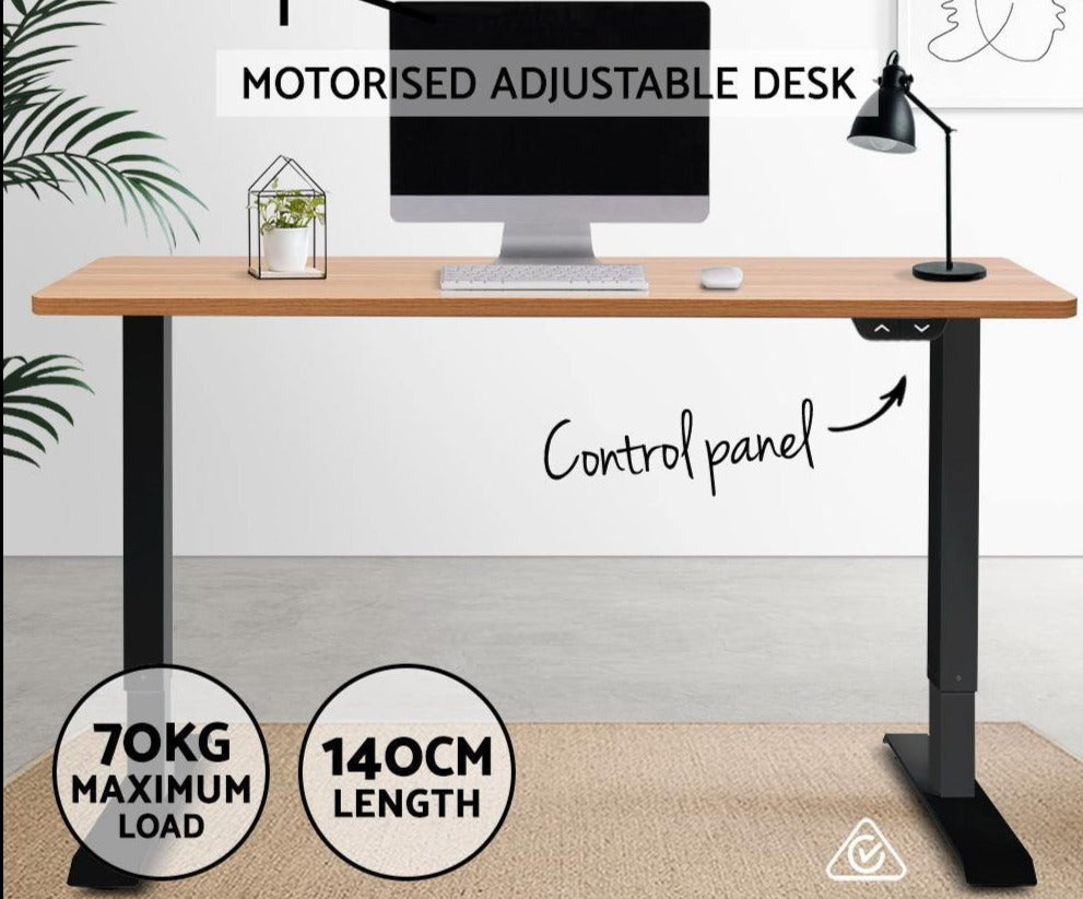 Electric Motorised Height Adjustable Standing Desk - Black Frame with 140cm Oak Top - Housethings 