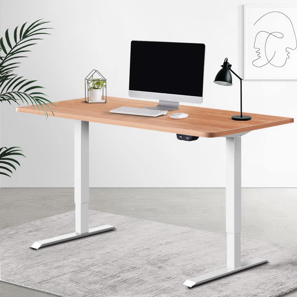 Electric Motorised Height Adjustable Standing Desk - White Frame with 140cm Natural Oak Top - Housethings 
