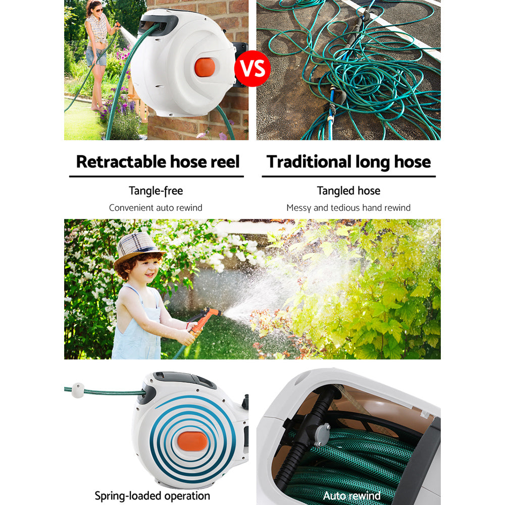 Greenfingers Retractable Hose Reel 20M Garden Water Brass Spray Gun Auto Rewind - House Things Home & Garden > Garden Tools