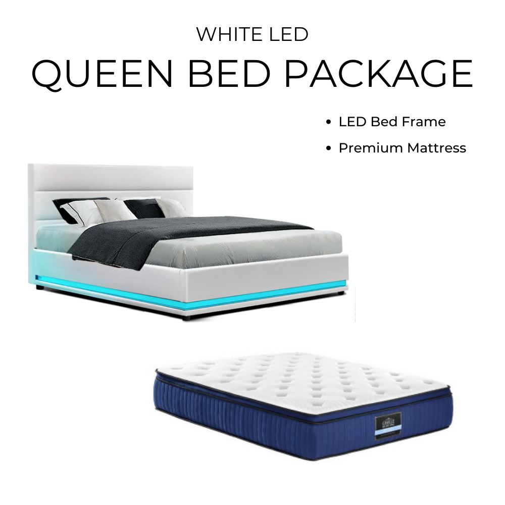 White LED Queen Size Bed & Mattress Package - House Things