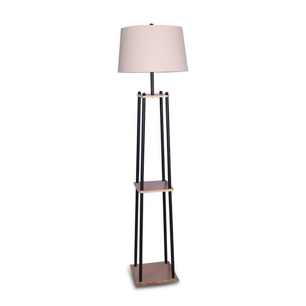 Metal Etagere Floor Lamp with Wood shelf & Cream Linen Fabric Shade - Housethings 