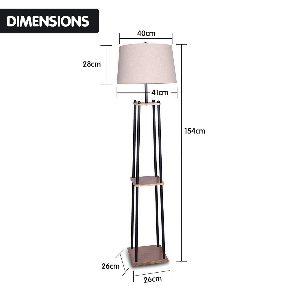 Metal Etagere Floor Lamp with Wood shelf & Cream Linen Fabric Shade - Housethings 