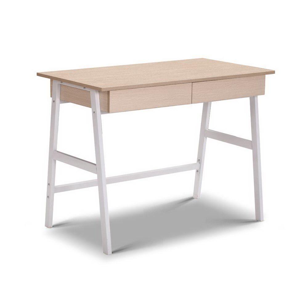 SALLY Metal Desk with Drawer - White with Oak Top - Housethings 