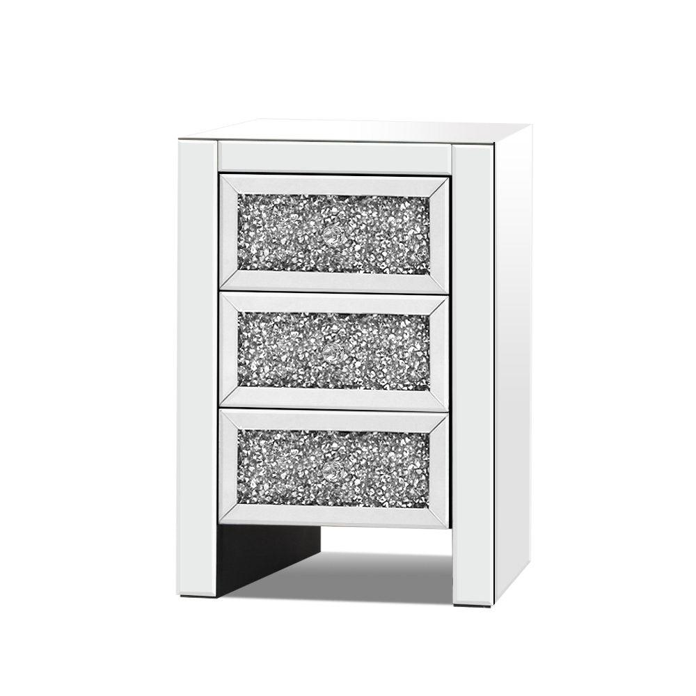 Bedside Table Nightstand Side End Tables Storage 3 Drawers Mirrored Glass Furniture - House Things 