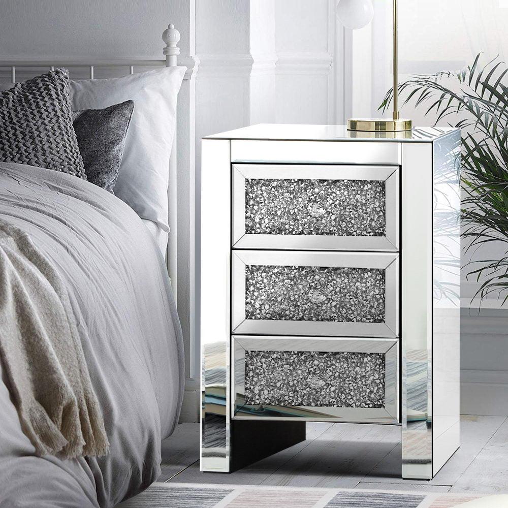 Bedside Table Nightstand Side End Tables Storage 3 Drawers Mirrored Glass Furniture - House Things 