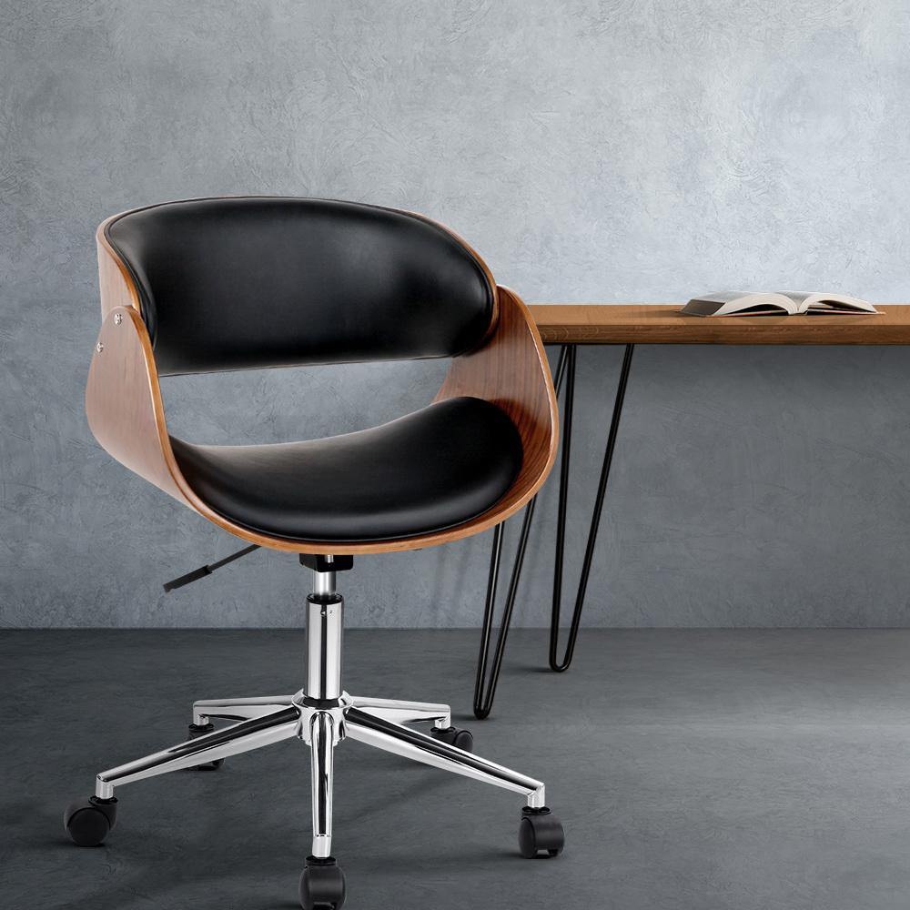 Wooden & PU Leather Office Desk Chair - Black - Housethings 