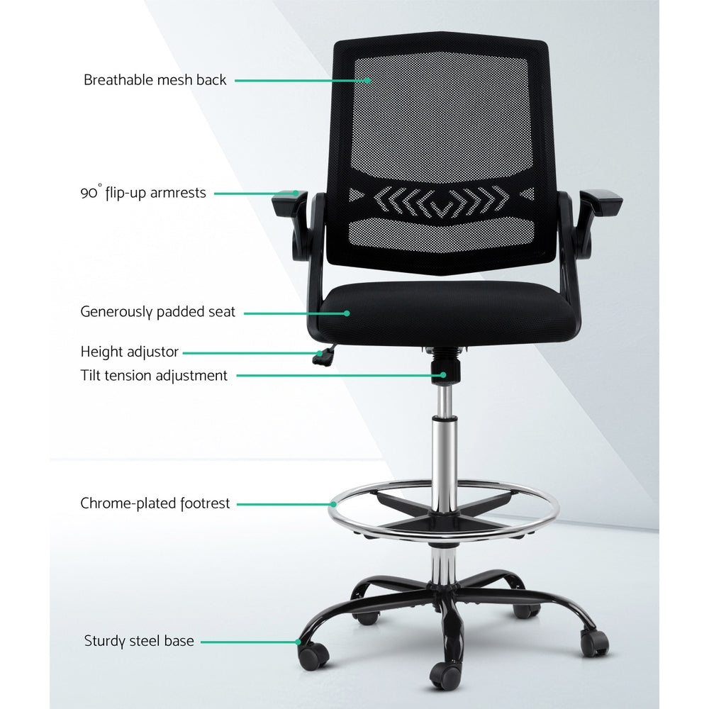 Veer Office Stool Mesh Chairs Flip Up Armrest Black - House Things Furniture > Office