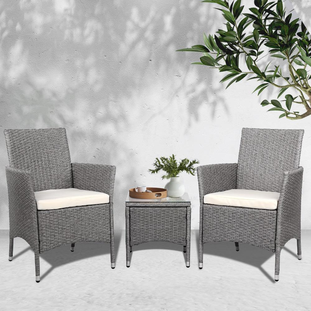 3 Piece Wicker Outdoor Chair Side Table Furniture Set - Grey - House Things Furniture > Outdoor