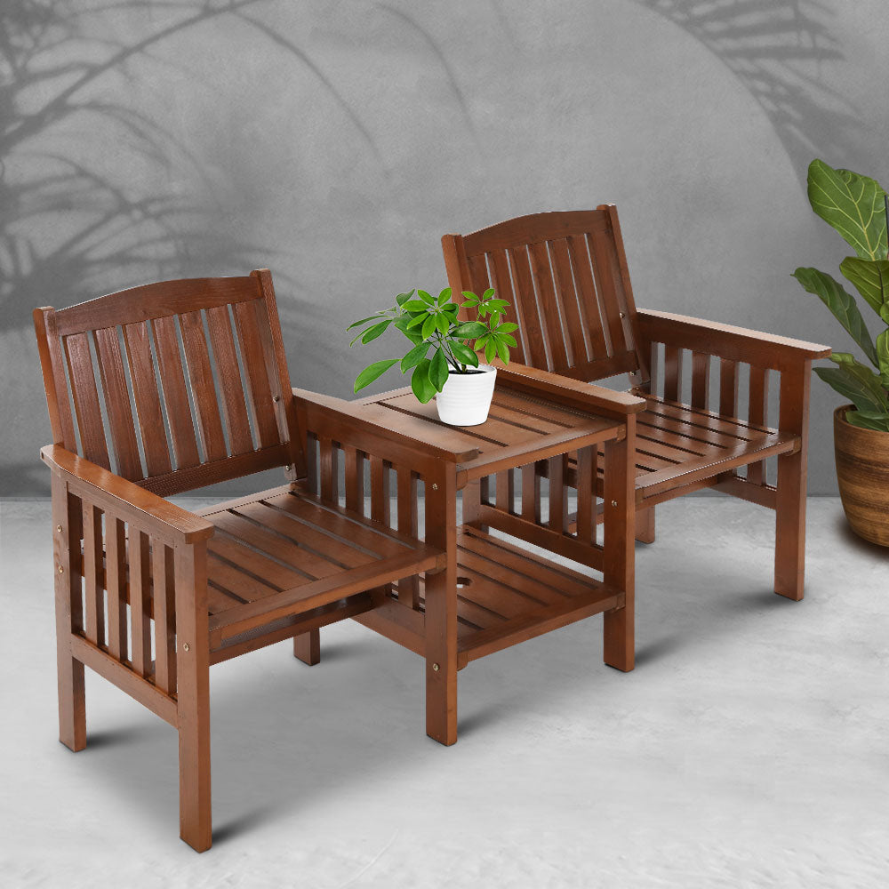 Wooden Brown Loveseat Garden Bench with Table - House Things Brand > Gardeon