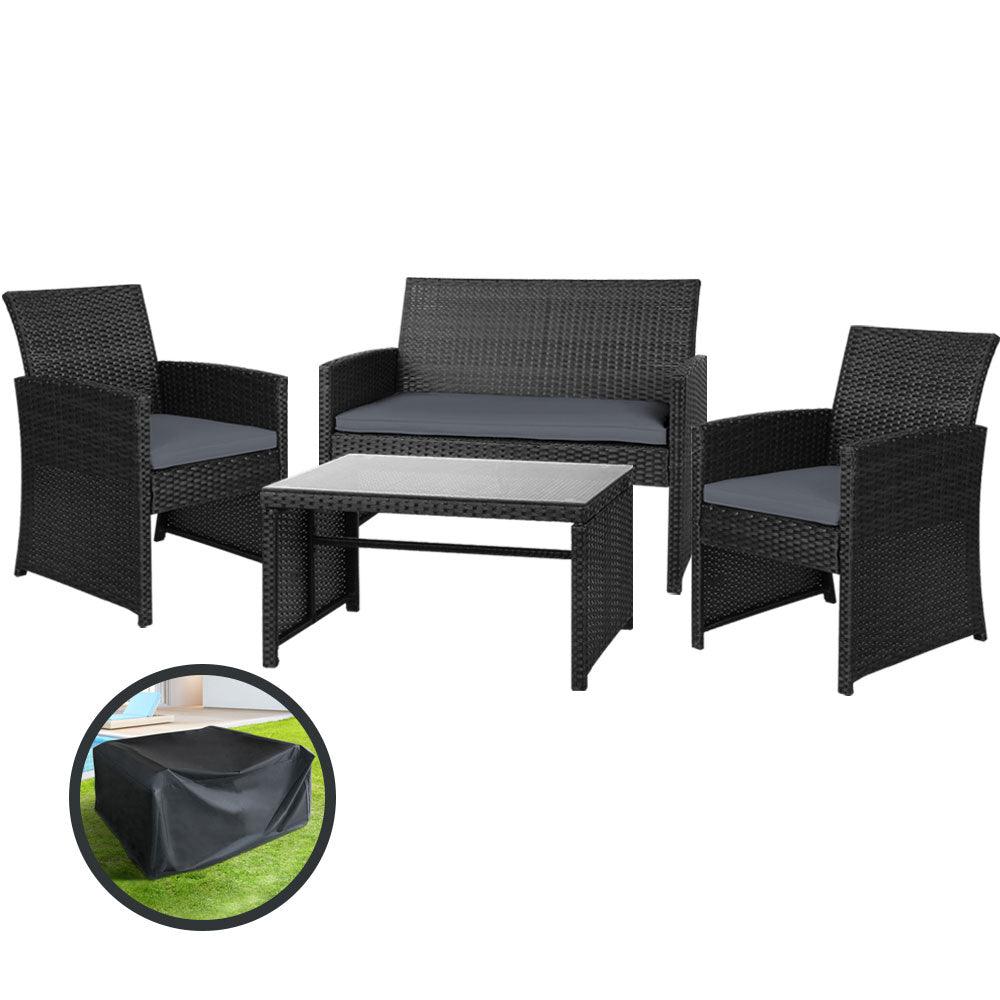 4 Piece Wicker Lounge Set Black - House Things Furniture > Outdoor
