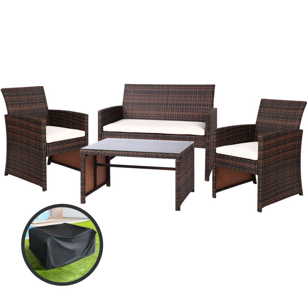 Wicker Sofa Set Storage Brown with cover - House Things Furniture > Outdoor