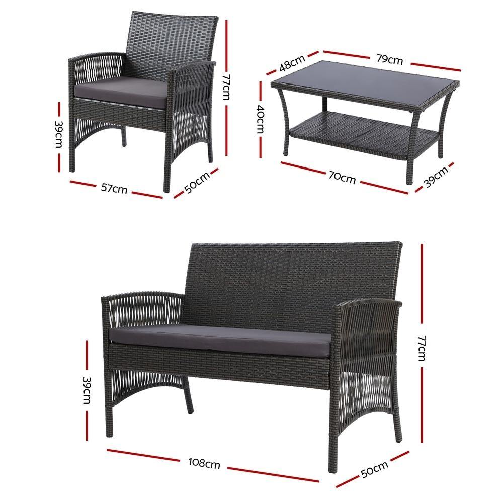 4 pc Rattan Set Wicker Cushions Dark Grey - House Things Furniture > Outdoor