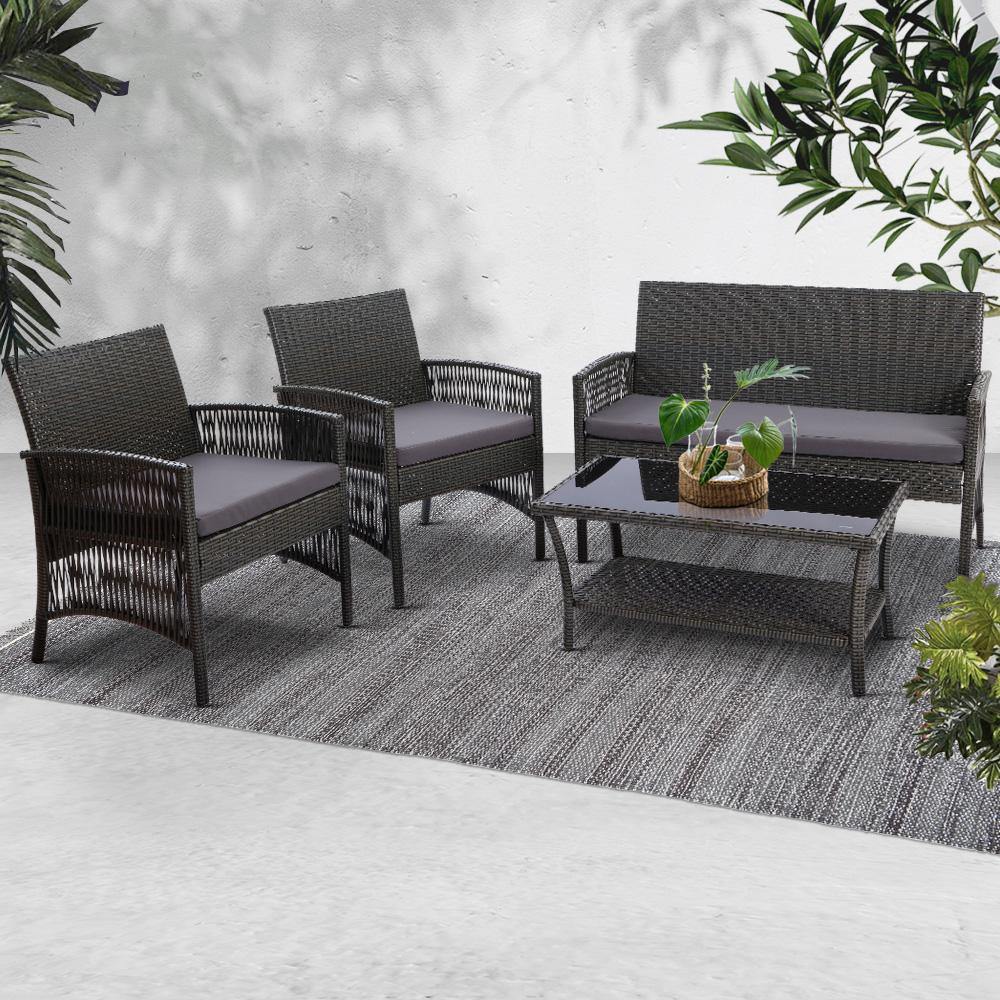 4 pc Rattan Set Wicker Cushions Dark Grey - House Things Furniture > Outdoor