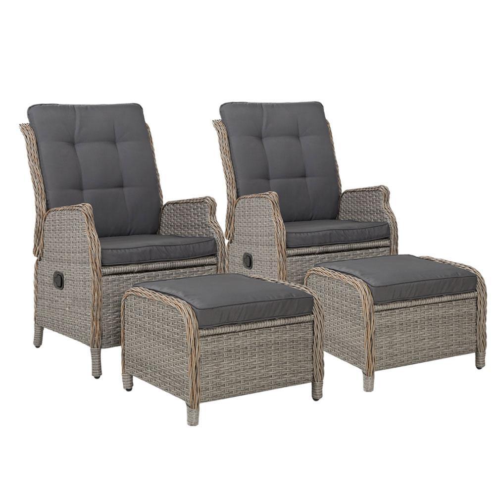 2 x Recliner Chairs Sun lounge Wicker and Ottomans - House Things Furniture > Outdoor