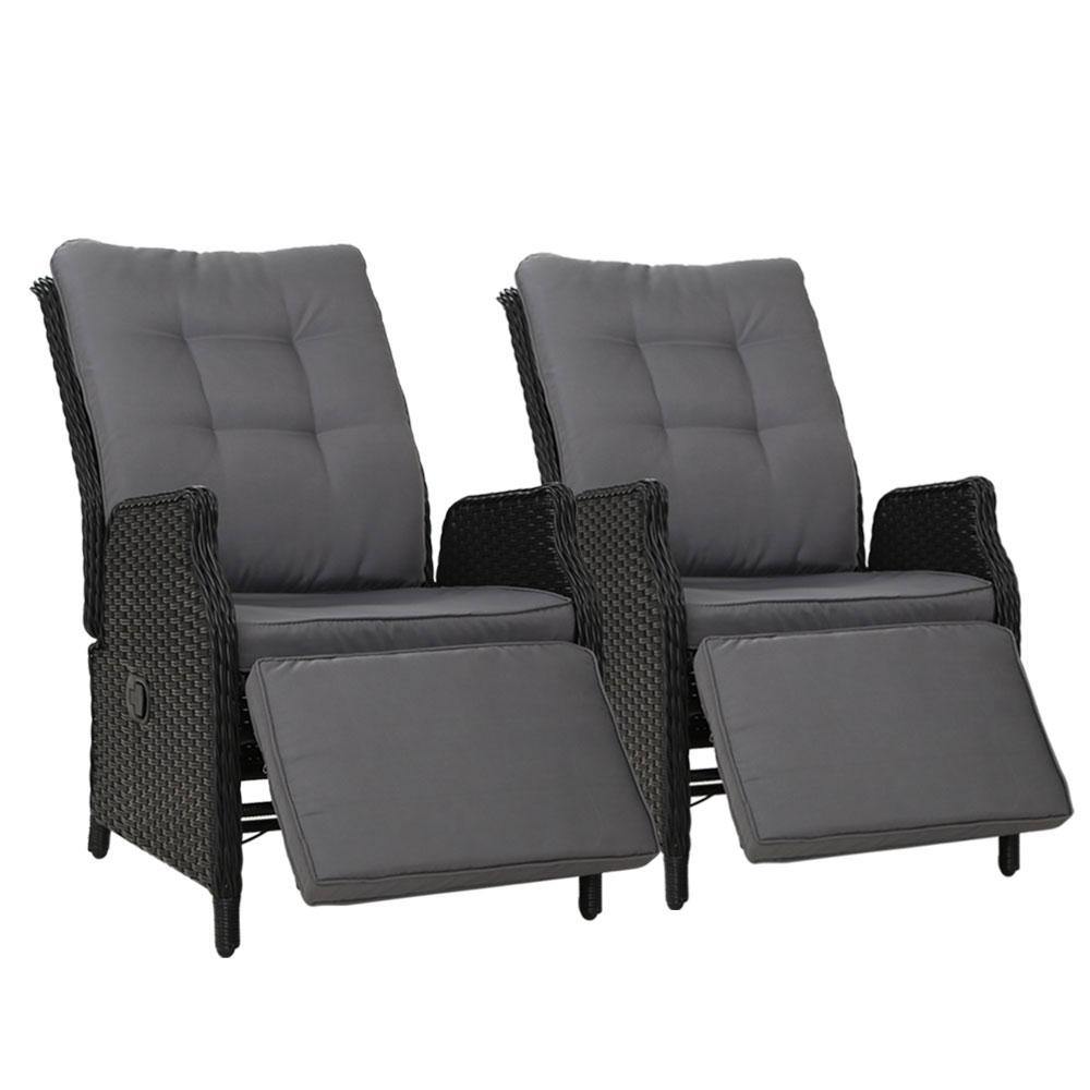 2 x Recliner Sun lounge Wicker Black - House Things Furniture > Outdoor