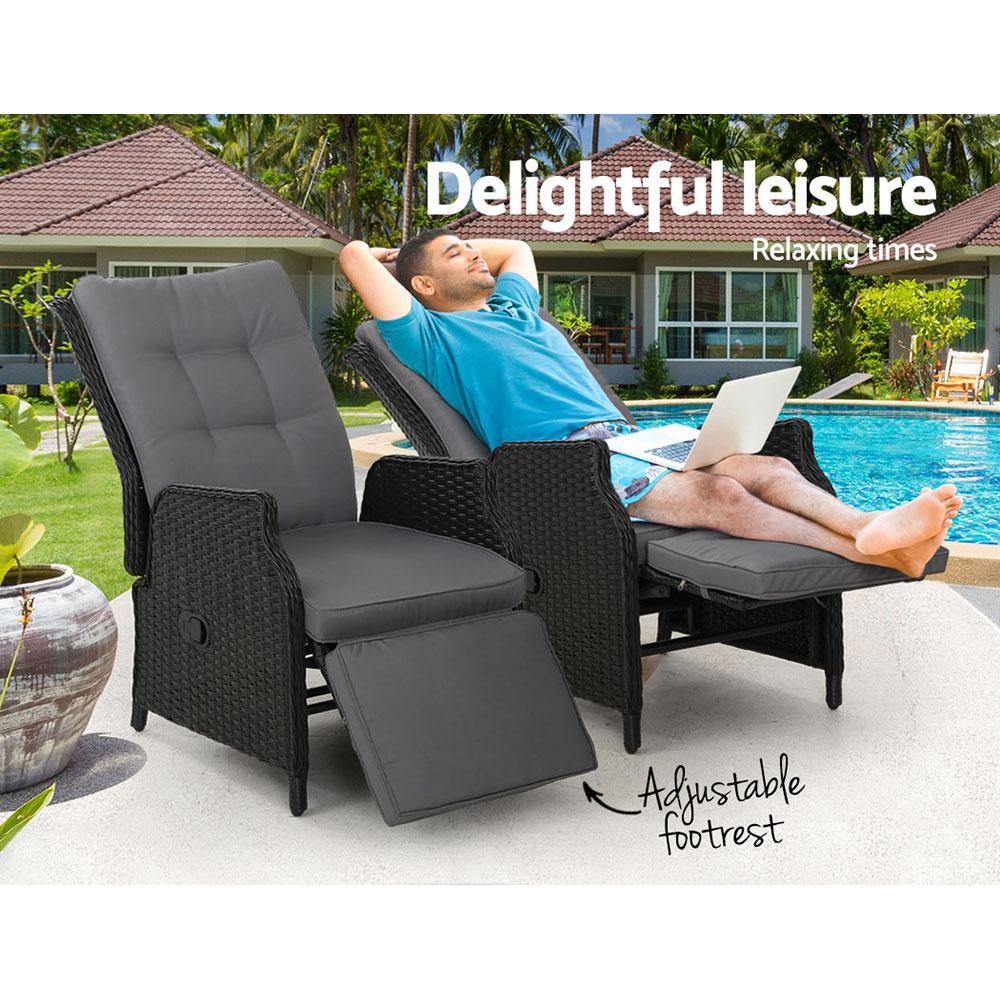 2 x Recliner Sun lounge Wicker Black - House Things Furniture > Outdoor