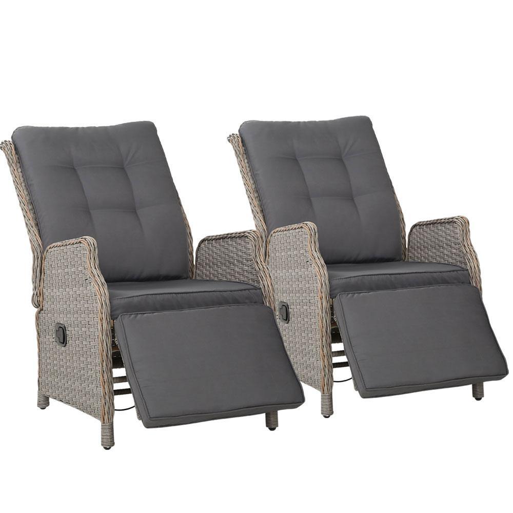 2 x Recliner Chairs Sun lounge Wicker Sofa Grey - House Things Furniture > Outdoor