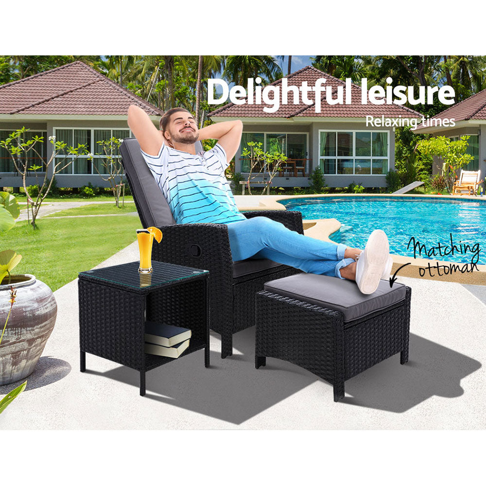 Wicker Recliner Chair & Table Set Black - House Things Furniture > Outdoor