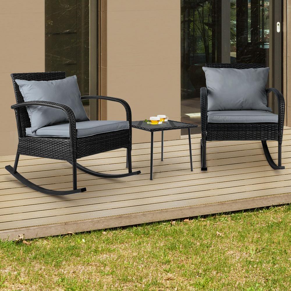 3 Piece Outdoor Chair Rocking Set - Black - House Things Furniture > Outdoor
