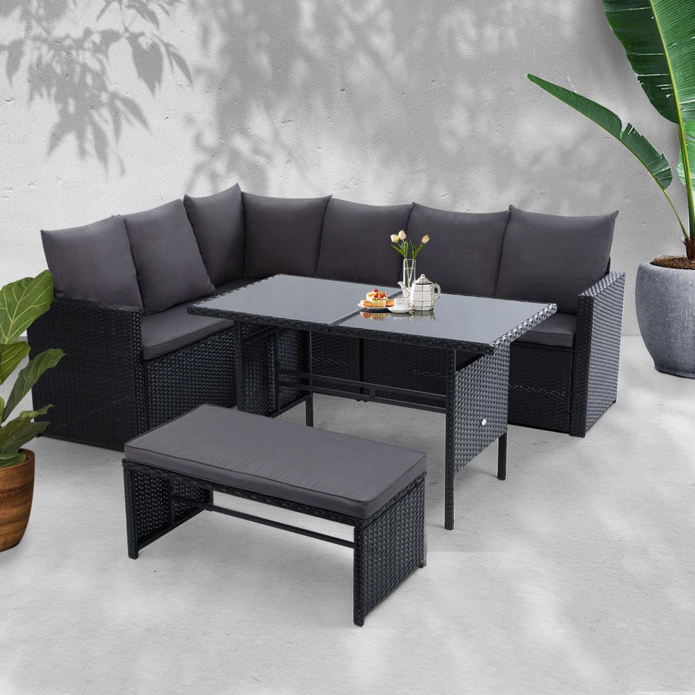 8 Seater Wicker Dining Setting Sofa Set Black - House Things Furniture > Outdoor