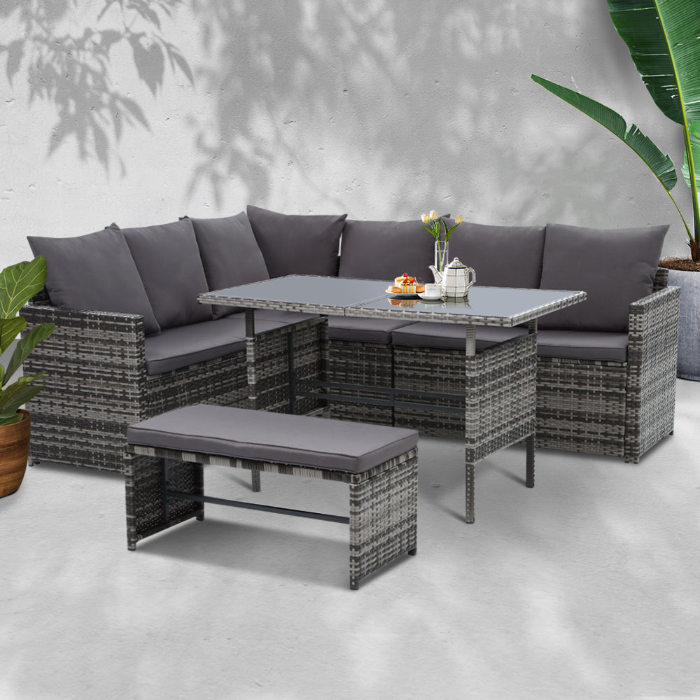 Wicker Dining Setting Sofa 8 Seater Grey - House Things Furniture > Outdoor