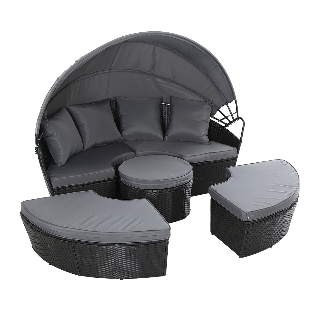 Round Hooded Wicker Day Bed Lounge Set Black - House Things Furniture > Outdoor