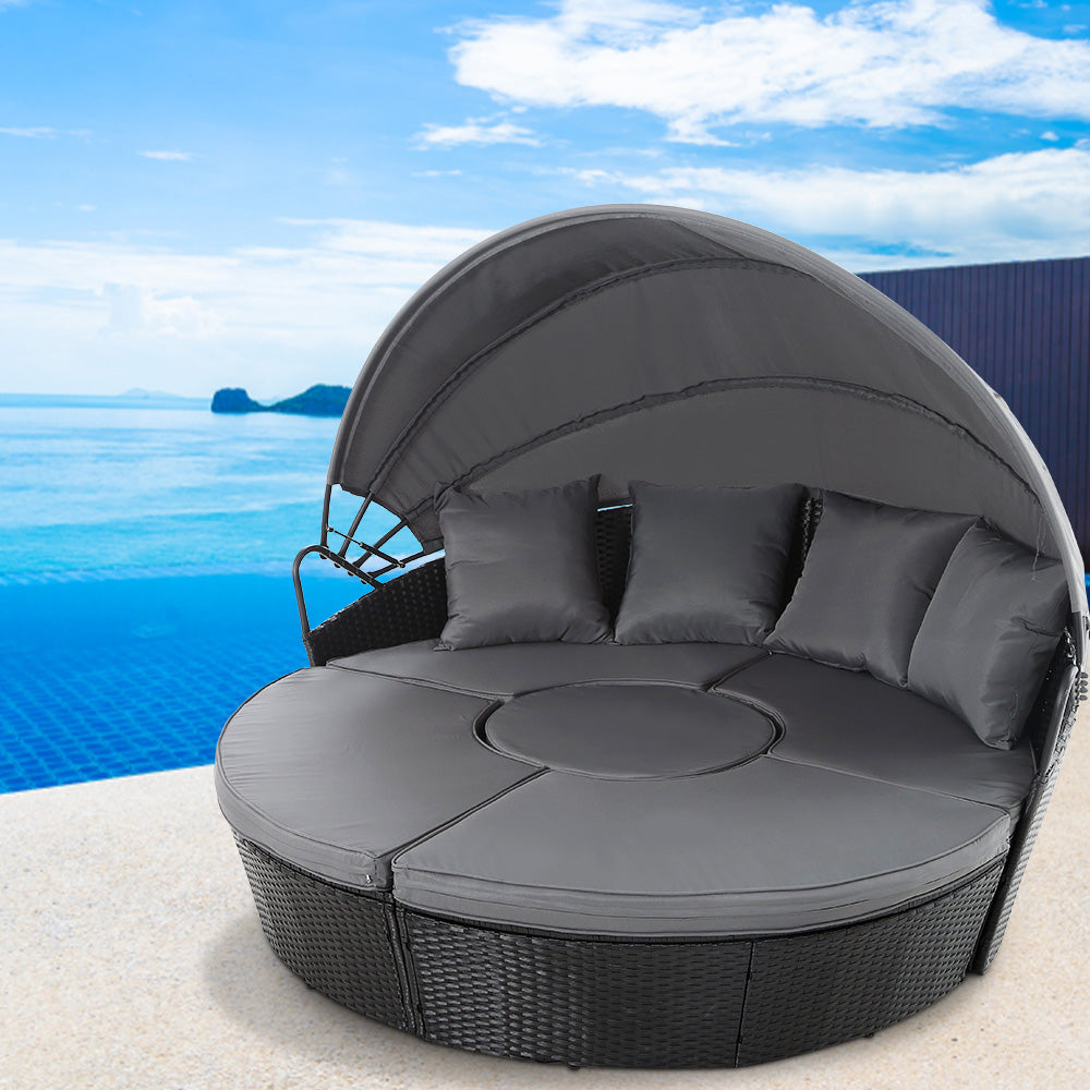 Round Hooded Wicker Day Bed Lounge Set Black - House Things Furniture > Outdoor