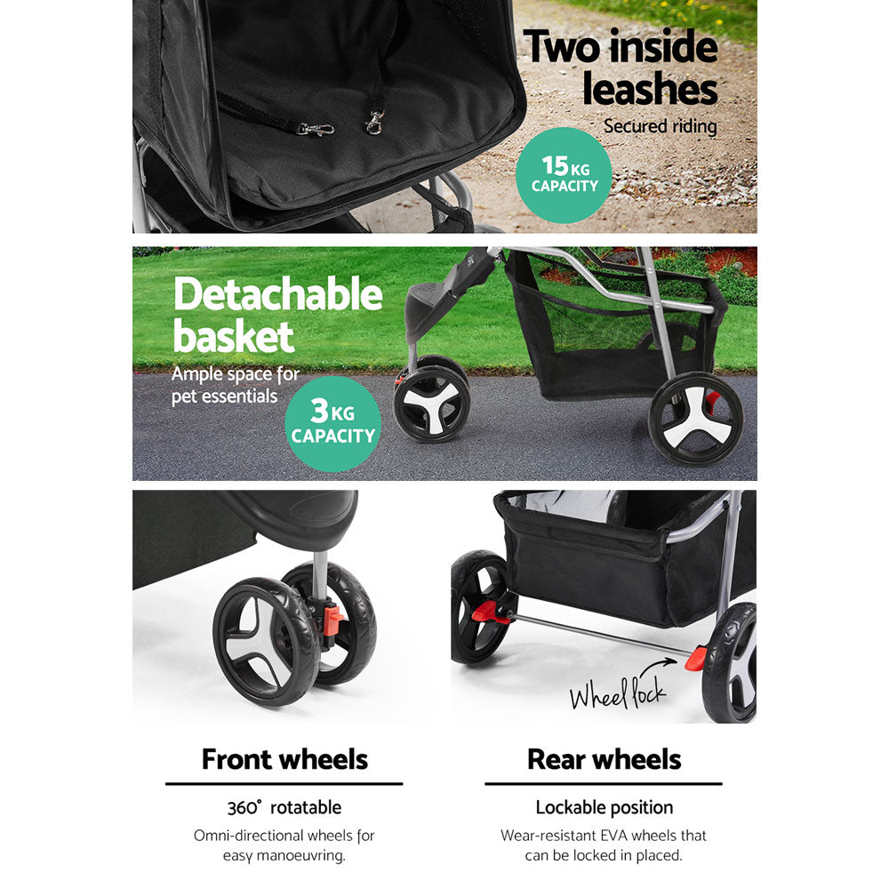 i.Pet 3 Wheel Pet Stroller - Black - House Things Pet Care > Dog Supplies