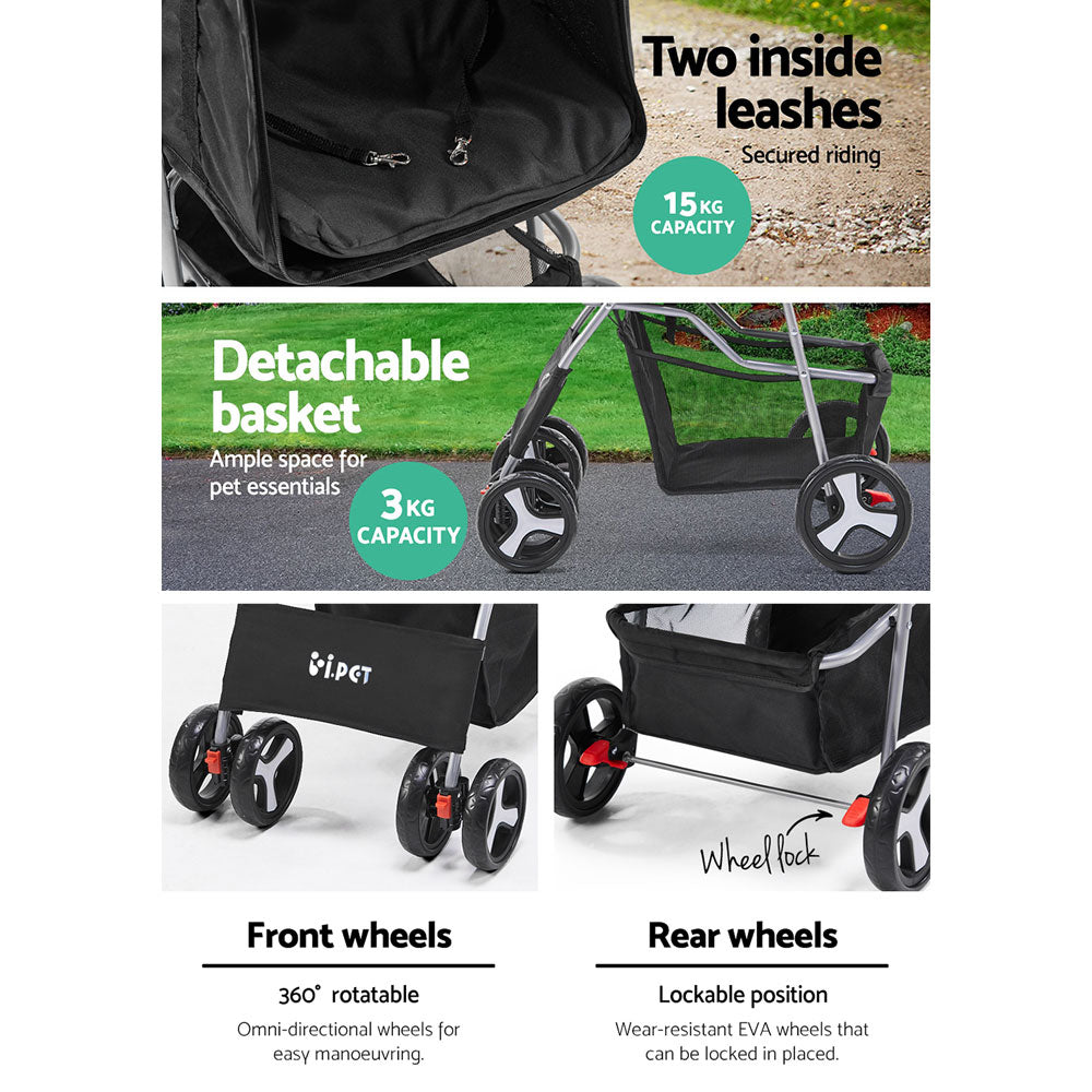 i.Pet 4 Wheel Pet Stroller - Black - House Things Pet Care > Dog Supplies