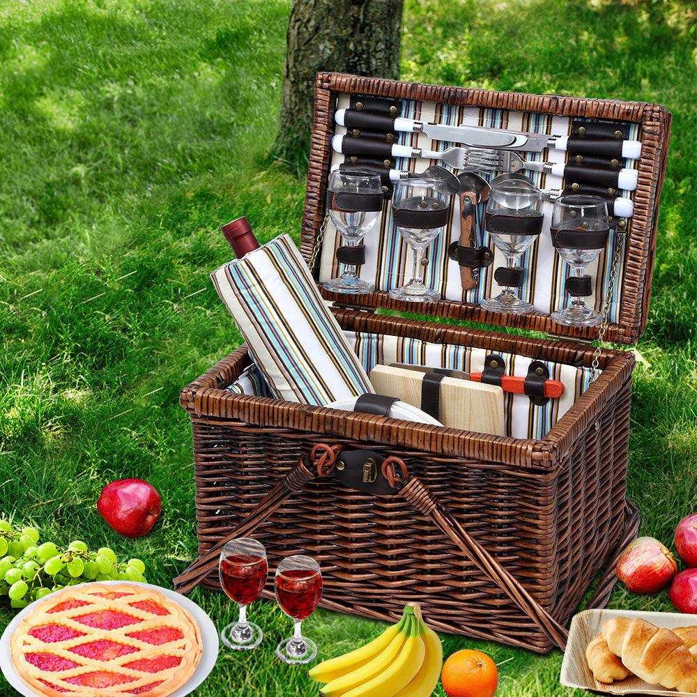 Alfresco Deluxe 4 Person Picnic Basket Set Folding Outdoor Insulated Liquor bag - House Things Outdoor > Picnic