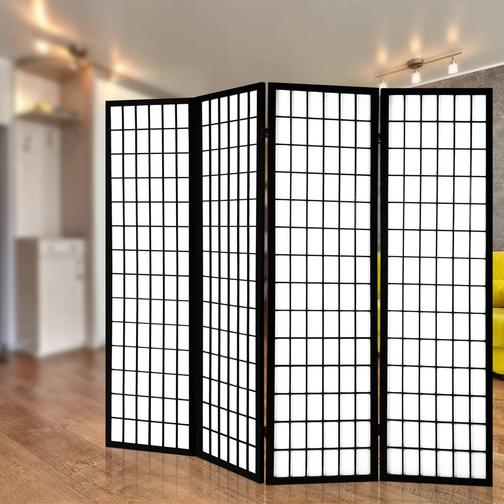 4 Panel Wooden Room Divider - Black - Housethings 