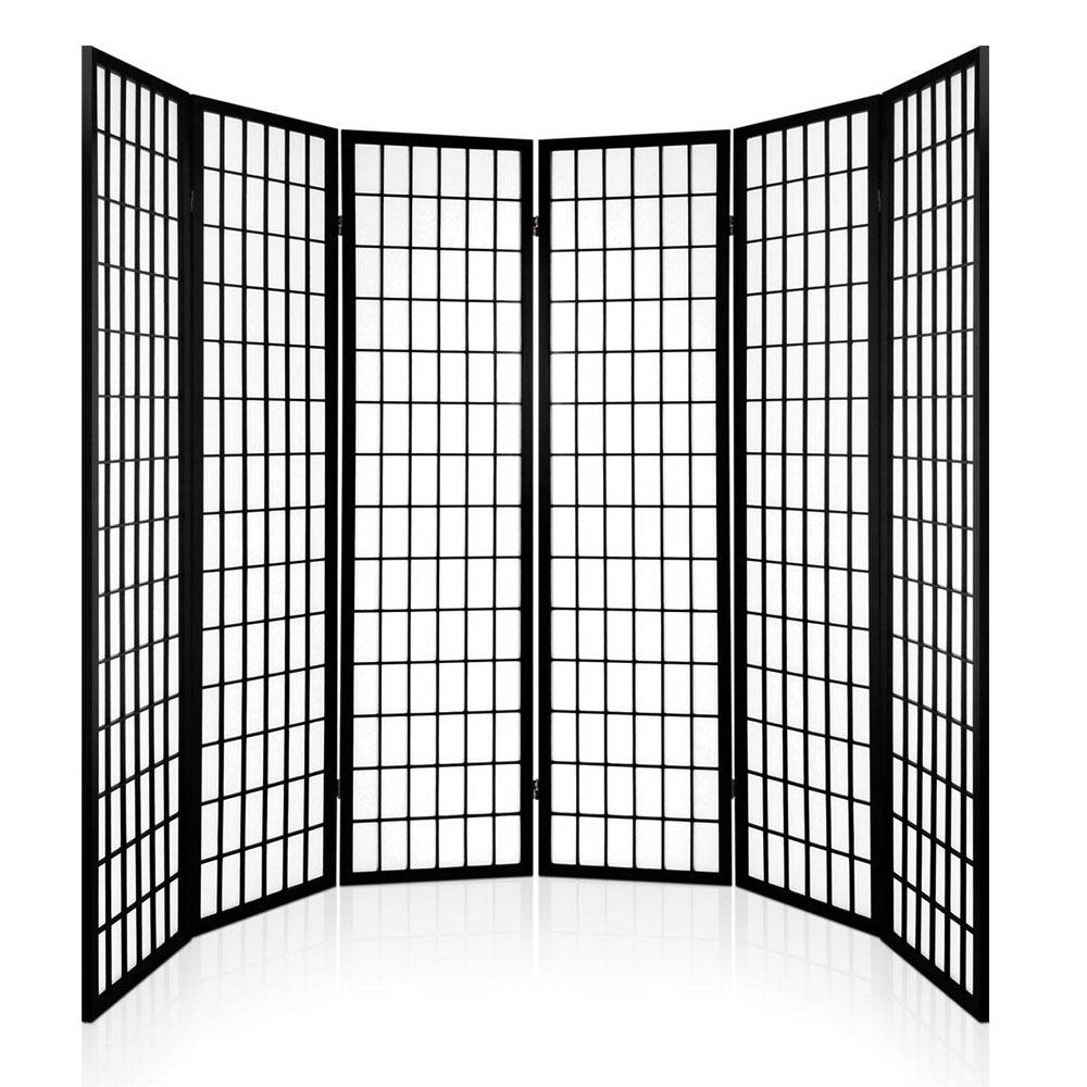 6 Panel Room Divider Privacy Screen Foldable Pine Wood Stand Black - House Things 