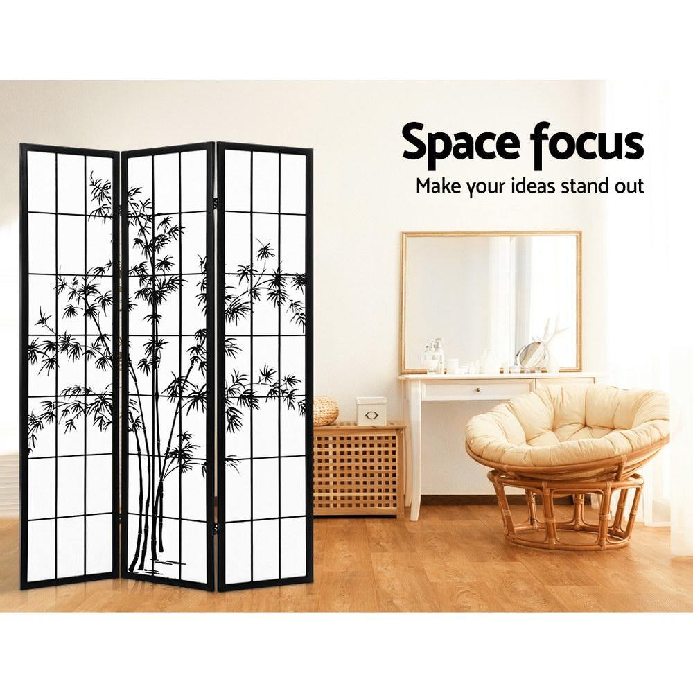 3 Panel Privacy Screen Bamboo Black White - Housethings 