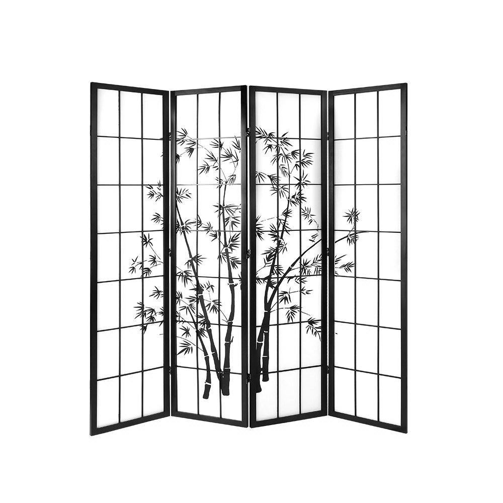 4 Panel Privacy Screen Shoji Bamboo Black White - House Things Furniture > Living Room