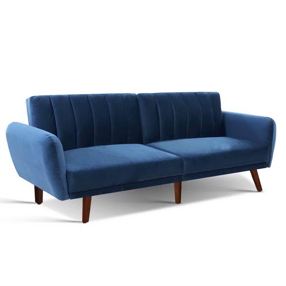 Blue Velvet Sofa Bed 3 Seater Recliner 207cm - Housethings 