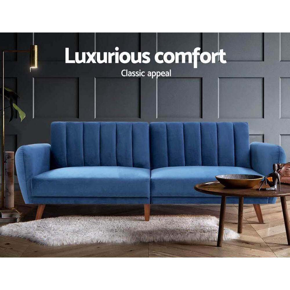 Blue Velvet Sofa Bed 3 Seater Recliner 207cm - Housethings 