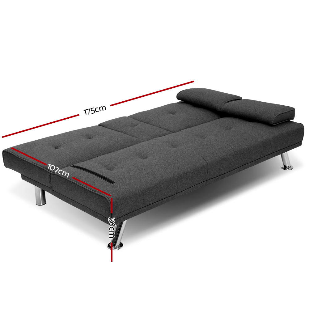 Linen Fabric 3 Seater Sofa Bed Recliner Futon Dark Grey