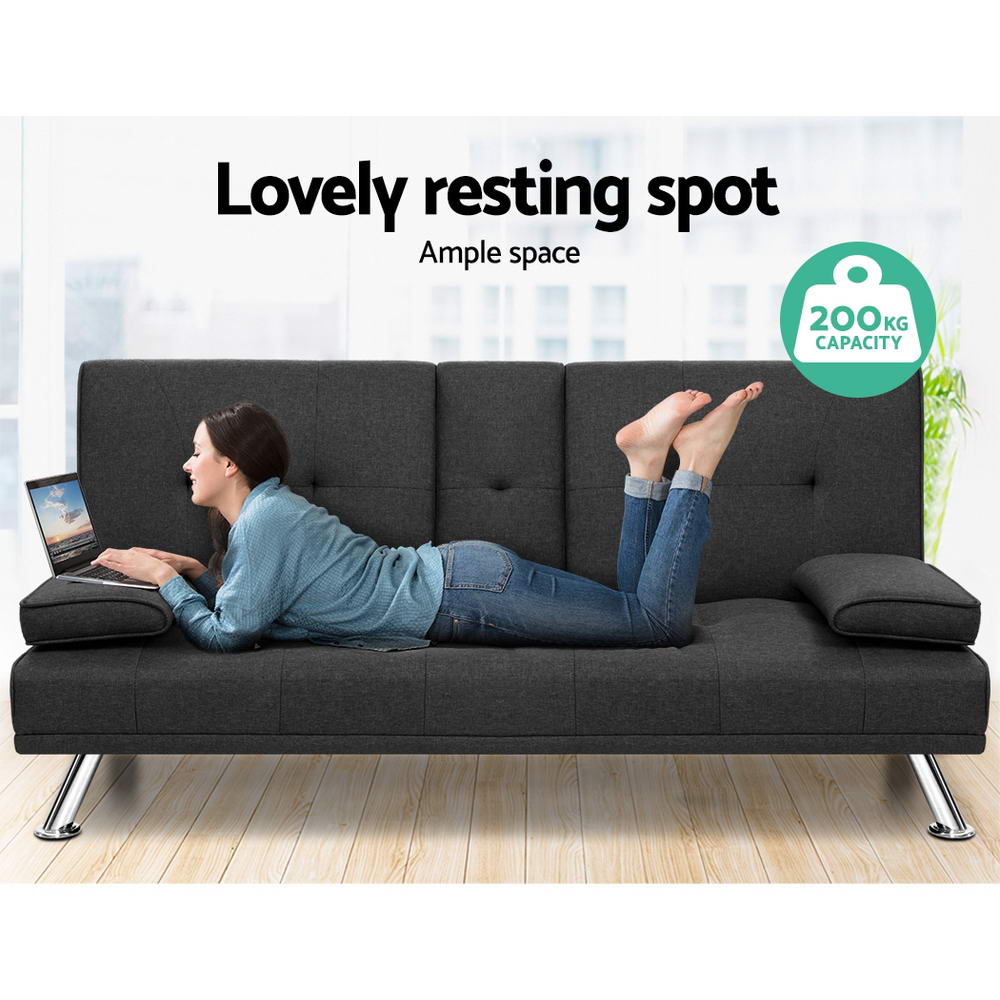 Linen Fabric 3 Seater Sofa Bed Recliner Futon Dark Grey