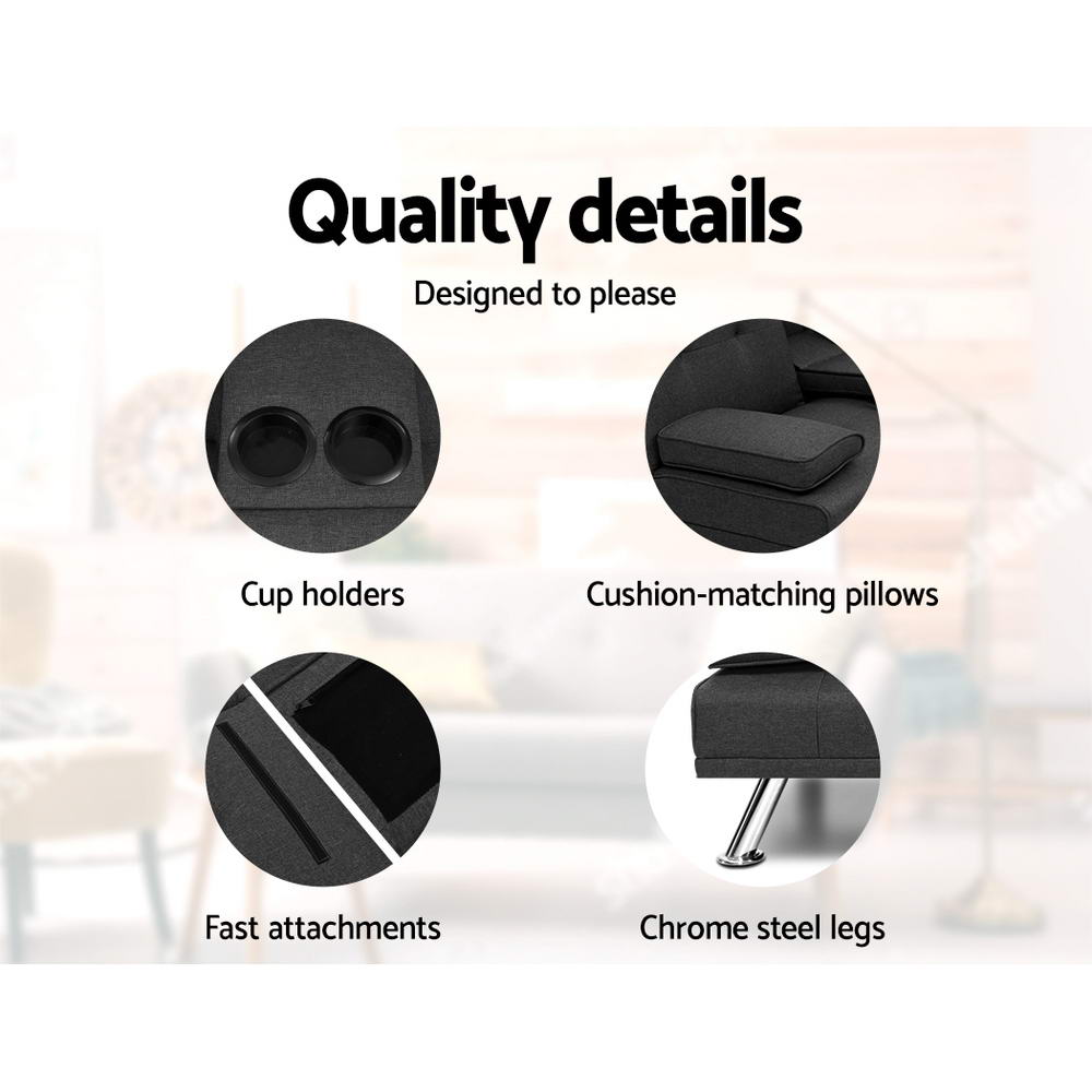Linen Fabric 3 Seater Sofa Bed Recliner Futon Dark Grey