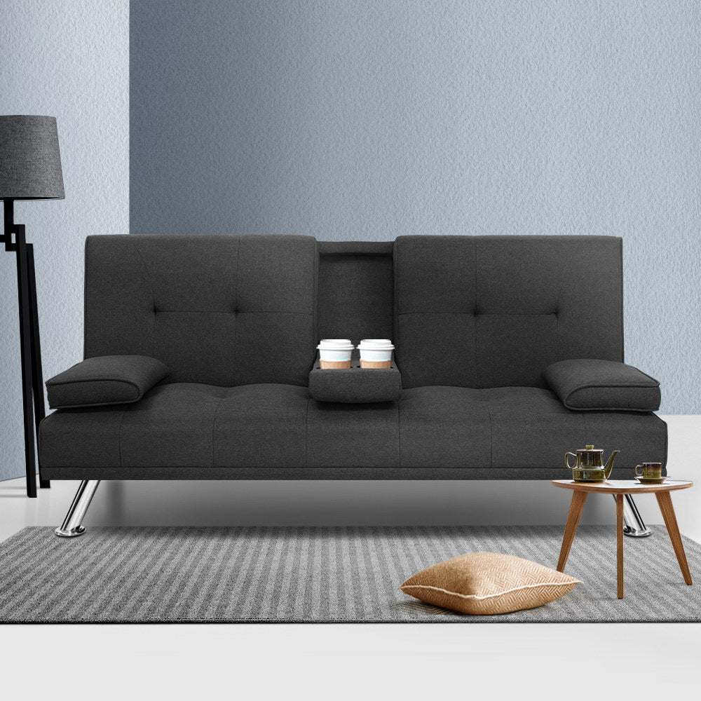 Linen Fabric 3 Seater Sofa Bed Recliner Futon Dark Grey