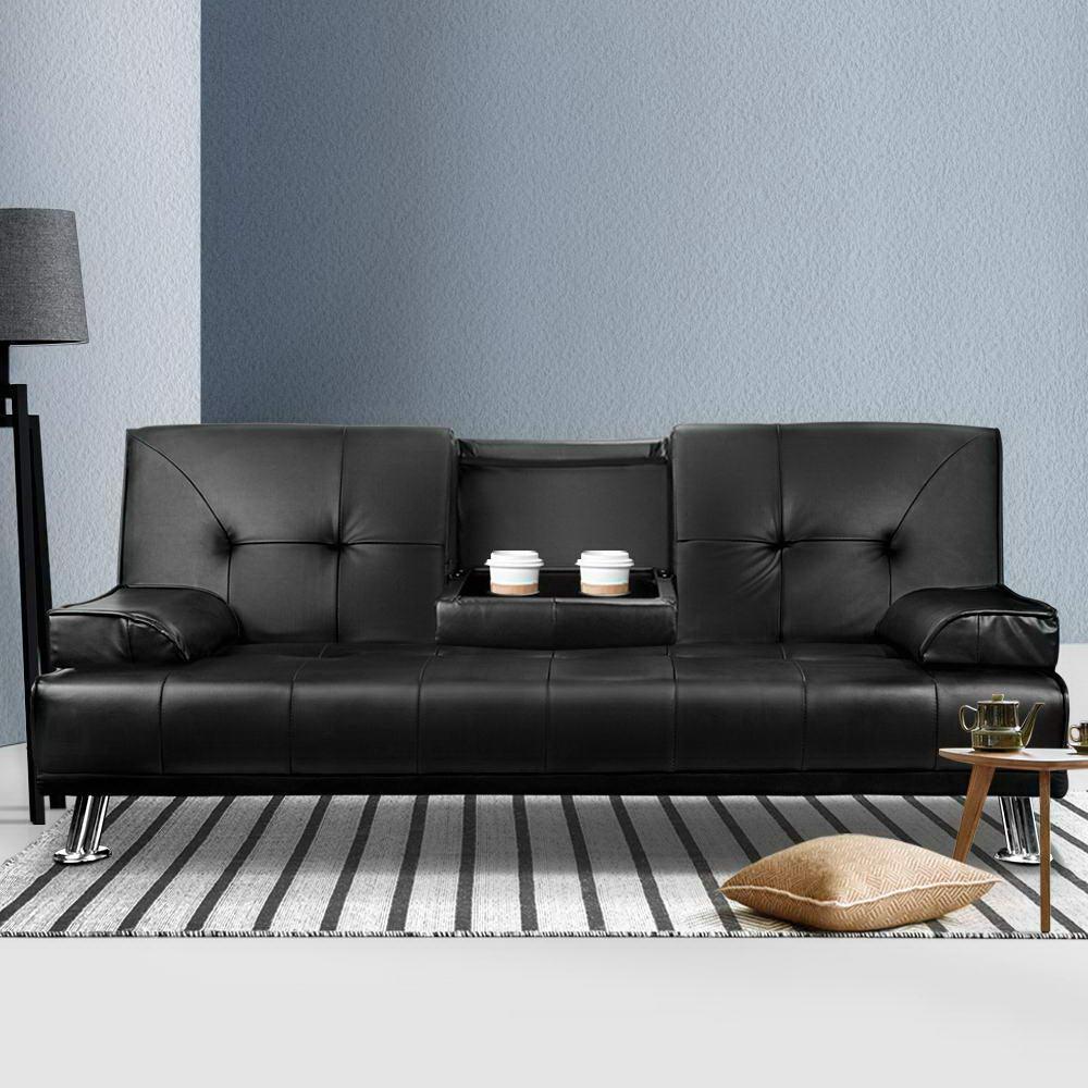 3 Seater PU Leather Sofa Bed - Black - House Things Furniture > Sofas