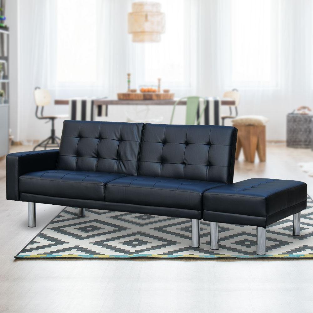 Jarred 3 Seater Leather Sofa Bed with Ottoman Black - Housethings 