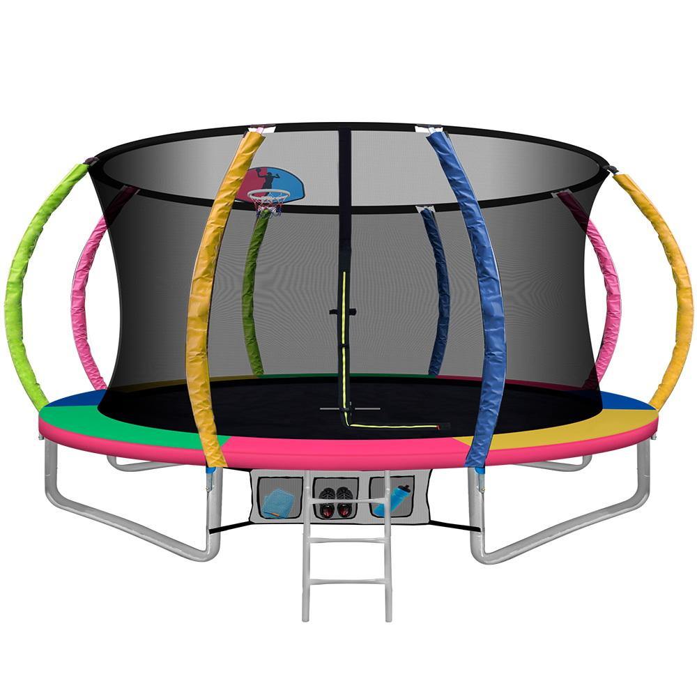 12FT Trampoline Round Trampolines With Basketball Hoop Kids Present Gift Enclosure Safety Net Pad Outdoor Multi-coloured - House Things Sports & Fitness > Trampolines