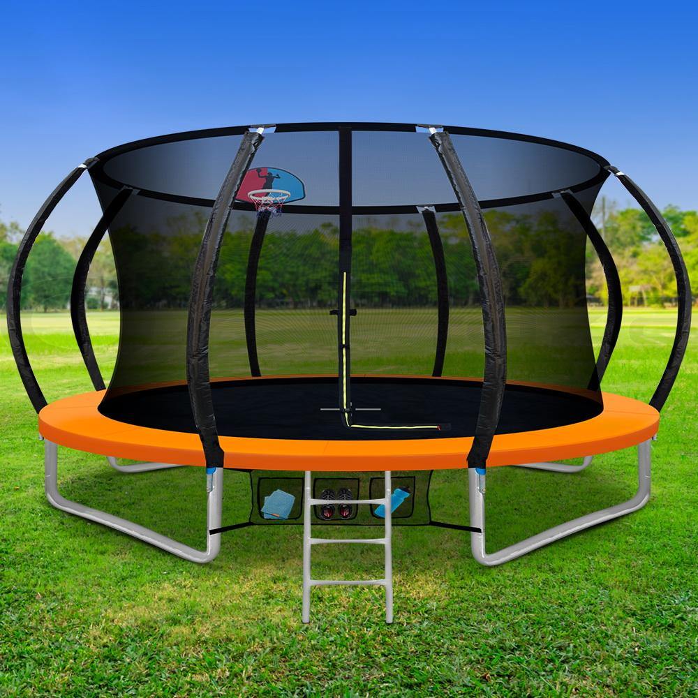 12FT Trampoline Round Trampolines With Basketball Hoop Kids Present Gift Enclosure Safety Net Pad Outdoor Orange - House Things Sports & Fitness > Trampolines