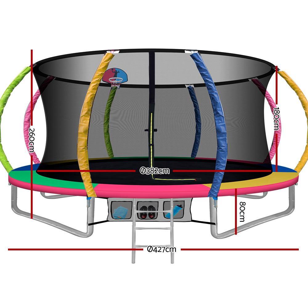 14FT Trampoline Round Trampolines With Basketball Hoop Kids Present Gift Enclosure Safety Net Pad Outdoor Multi-coloured - House Things Sports & Fitness > Trampolines