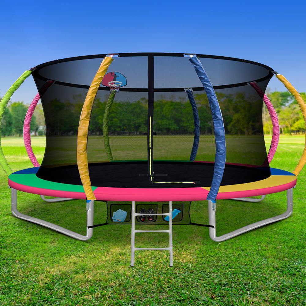 14FT Trampoline Round Trampolines With Basketball Hoop Kids Present Gift Enclosure Safety Net Pad Outdoor Multi-coloured - House Things Sports & Fitness > Trampolines