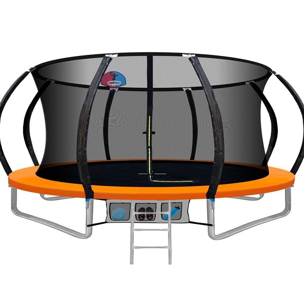 14FT Trampoline Round Trampolines With Basketball Hoop Kids Present Gift Enclosure Safety Net Pad Outdoor Orange - House Things Sports & Fitness > Trampolines