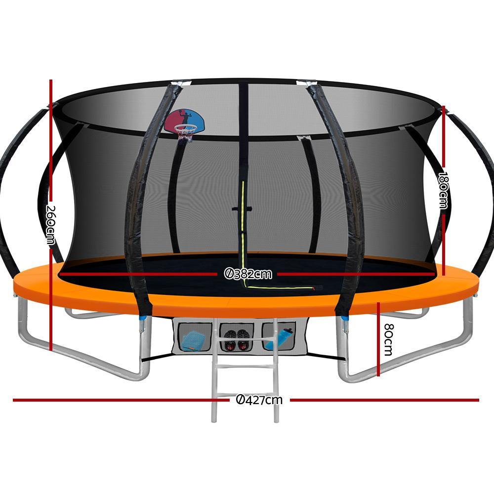 14FT Trampoline Round Trampolines With Basketball Hoop Kids Present Gift Enclosure Safety Net Pad Outdoor Orange - House Things Sports & Fitness > Trampolines
