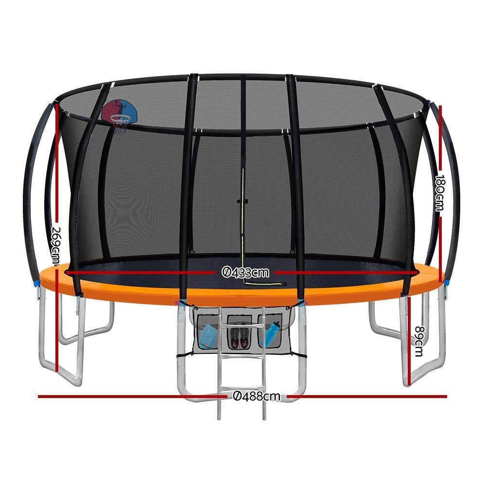 16FT Trampoline Round Trampolines With Basketball Hoop Kids Present Gift Enclosure Safety Net Pad Outdoor Multi-coloured - House Things Sports & Fitness > Trampolines