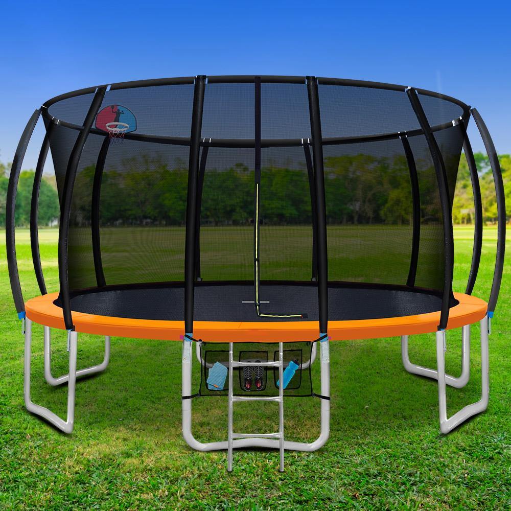 16FT Trampoline Round Trampolines With Basketball Hoop Kids Present Gift Enclosure Safety Net Pad Outdoor Multi-coloured - House Things Sports & Fitness > Trampolines